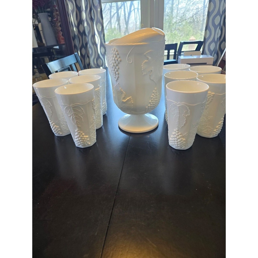 Vintage Westmoreland Milk Glass 12-Pc Set: Paneled Grape Pitcher & 11 Tumblers